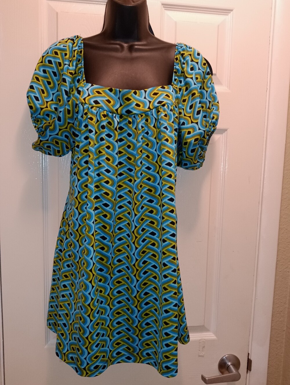 Square Neck Puff Sleeve Mini Tunic Dress Top in Groovy Retro Teal & Lime Print